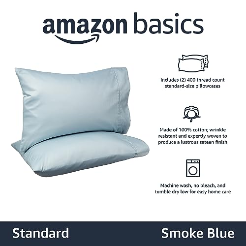 Image of Amazon Basics 400 Thread Count 100% Cotton Pillowcases, Soft, Sateen Weave, Wrinkle Resistant, Standard Size, 20 inch x 30 inch, Smoke Blue, Set of 2