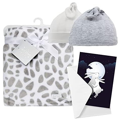 Perfect Unisex Baby Essentials Gift Set for Newborns. Set Includes Soft Plush Baby Blanket, 2 x 100% Cotton Hats and a Little Grey London Greeting Card Cover