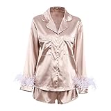 Ruilonghai Damen-Pyjama, Seidensatin, Nachtwäsche, langärmelig, für Hemden, Shorts, Nachtwäsche, Damen-Pyjama-Sets für Zuhause (Größe S-XL)