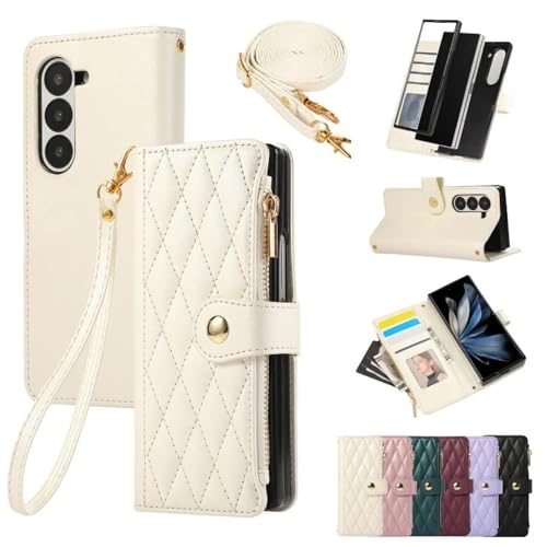 Étui cuir Samsung Galaxy Z Fold4 blanc avec porte-cartes et dragonne