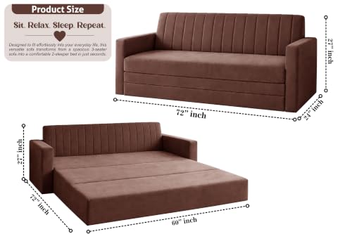 Image of 3-Seater Velvet Sofa Cum Bed with Armrests | Modern Convertible Sleeper Couch | Stylish Sofa Bed for Living Room, Bedroom & Office | Brown