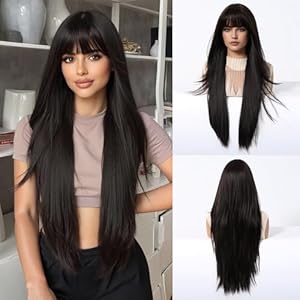 Long Straight Wigs with Bangs Black Layered Hairstyle Synthetic Heat Resistant Straight Hair for Girls Daily Party Use 28 Inch (1B)