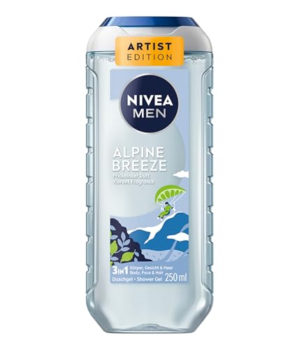 NIVEA MEN Alpine Breeze Artist Edition Duschgel, revitalisierende Pflegedusche mit prickelndem und lebendigem Duft, 3in1 Duschgel für Körper, Gesicht und Haare (250 ml)