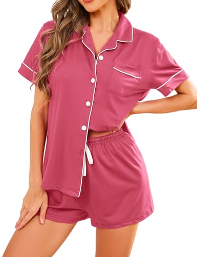 Image of Pajama Set for Women 2 Piece Sleepwear Short Sleeve Button Down Pj | Cotton Loungewear Shorts Set,Sexy Classic Notch Collar Sleep Wear,Lounge Set for Sleeping,Wedding Bridal,Pajama Party