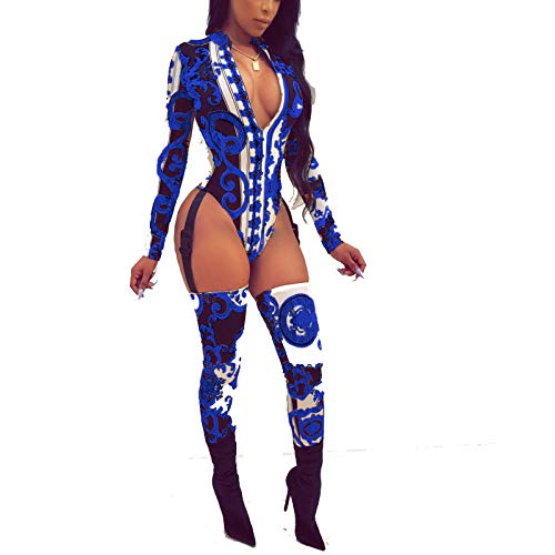 Sprifloral Women's Deep V Neck Long Sleeve Gold Printed Hollow Out Bodycon Jumpsuits Romper Clubwear