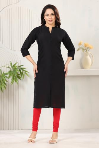 Image of DARIKA Women's Solid Straight Kurta with 3 /4 Sleeves | Front Button Placket | Comfortable Plus Size Ethnic Wear Kurti for Casual