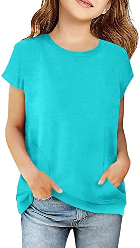Haloumoning Girls Casual Short Sleeve T Shirts Color Block Tee Blouse Kids Loose Tunic Tops with Pockets Size 4-15