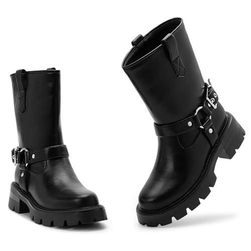 Women's Chunky Heel Round Toe Mid Calf Boots Buckle Strap Platform Biker Boots3