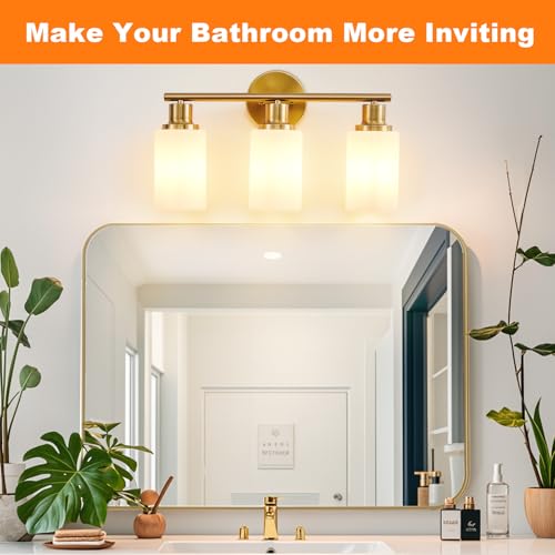 Image of DLLT 3-Light Bathroom Light Fixtures: Gold Modern Vanity Lights with E26 Bulbs - Milky White Glass Shade Bathroom Wall Lamp for Mirror Kitchen Living Room Hallway Cabinet Porch