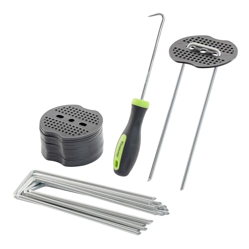 FINEWAY 50 Weed Membrane Pegs â€“ Heavy Duty Galvanised Steel Ground Stakes with Hook Tool & Buffer Washers â€“ Rustproof, Weatherproof Pegs for Garden Landscape Fabric, Tents, Tarps, Outdoor Use