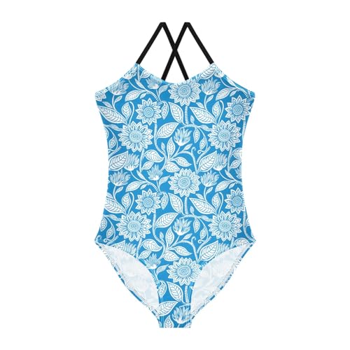 senya Girls Swimsuits One-Piece Swimwear Tie Bathing Suit Beach Summer Round Neck 5-6T Blue and White Floral Pattern