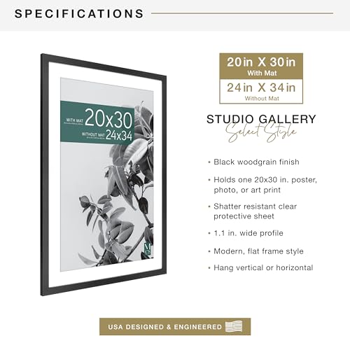 MCS Studio Gallery 24x34 Matted Poster Frame with 20x30 Picture Display, Black Woodgrain Vertical & Horizontal Wall Hanging Large Picture Frame for Photos, Posters & Art Prints (1-Pack)