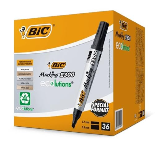 BIC Marking 2300 ECOlutions Marqueurs Permanents à Pointe Moyenne Biseautée - Encre Noire, Boîte de 36 [Exclusivité Amazon]