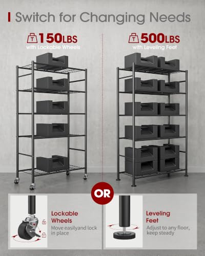 Image of Sakugi 5-Tier Storage Shelves 33.1 inch x12.6 inch x73.5 inch Black with Wheels