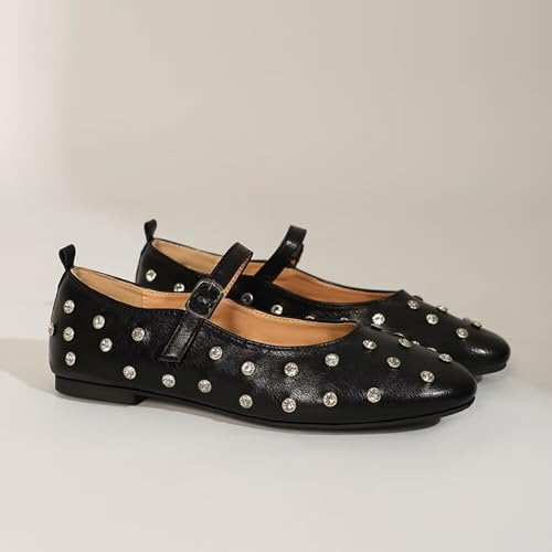 ChaiRong Zhou Women Square Toe Sparkly Rhinestone Mary Jane Shoes Pu Leather Buckle Straps Low Heel Casual Ballet Dress Flats4
