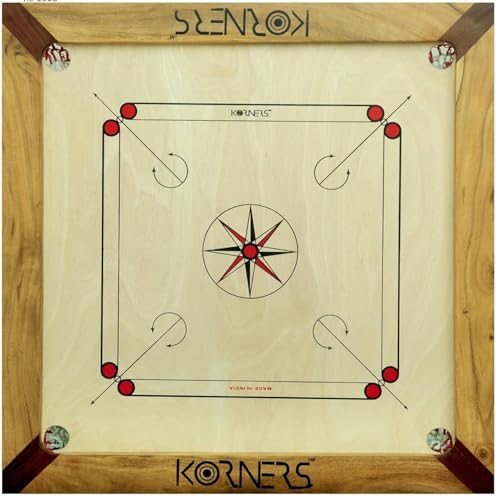 Image of KORNERS Matte Finish with Natural Wood Frame Club Size Carrom Board with Coins, Striker & Powder (35 Inches)