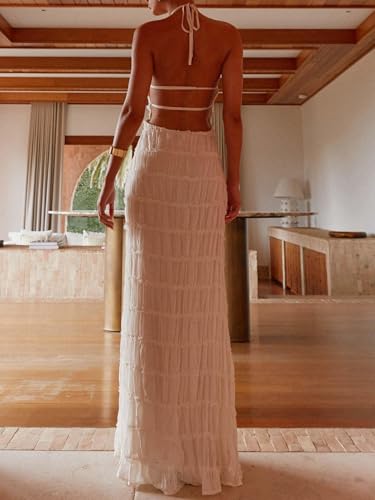 Image of Women Y2k Backless Long Dress Halter Tie Neck Maxi Dress Flowy Beach Sundress Summer Streetwear