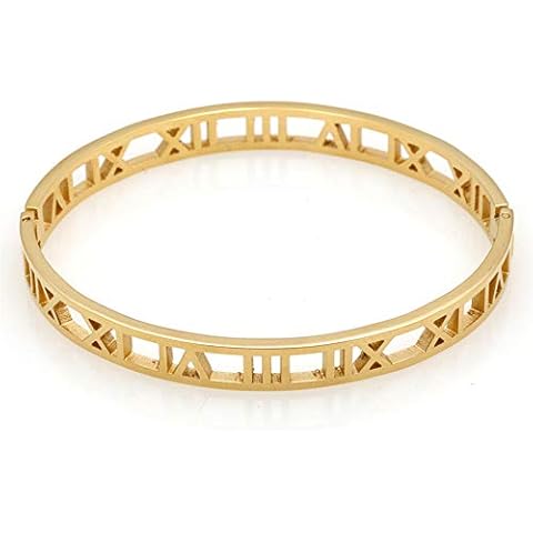 AIKESIWAI Roman numeral series hollow carved bracelet, fashionable women's bracelet, Roman numeral bracelet, three-color Roman bracelet (Gold) Cover