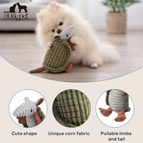 Image of Hollypet Plush Dog Squeaky Toy Stuffed Armadillo Animal Pet Puppy Chew Toys with Clean Teeth for Small Medium Large All Breed Sizes Dogs, Olive Green, 8 in