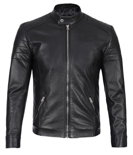 Image of Blingsoul Stylish Black & Brown Cafe Racer Leather Jacket For Men - Real Lambskin Leather Motorcycle Jacket Mens