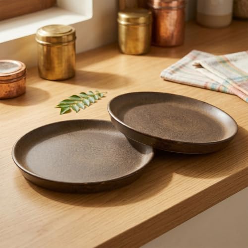 Image of The Earth Store Brown Rim Ceramic Platters Set of 2 (8 Inch) - Microwave & Dishwasher Safe Serving Platters for Snacks, Dining & Restaurant Use