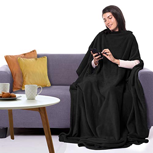CANDY CANE Premium Wearable Blanket 70"x50" with Three Holes - Super Soft, Lightweight, Microplush, Cozy and Functional Throw Blanket for Adult, Women and Men (Black Licorice)