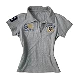 Y2k Grunge Polo Collared Shirts Women Button Down Crop Top 2000s Emo Vintage Streetwear Summer (Grey Navy,Small)
