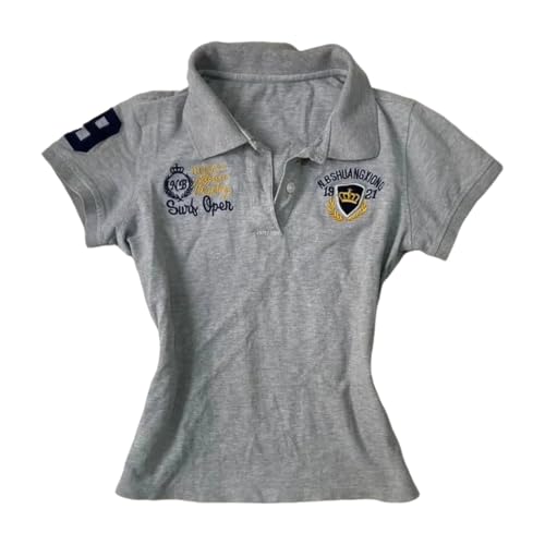 Y2k Grunge Polo Collared Shirts Women Button Down Crop Top 2000s Emo Vintage Streetwear Summer (Grey Navy,Small)