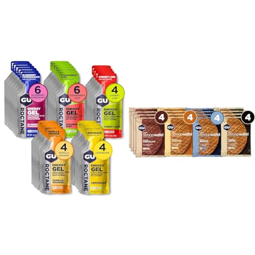 GU Energy Gel and Stroopwafel Sports Nutrition Variety Bundle, 24 Roctane Ultra Endurance Packs and 16 Stroopwafel Wafles