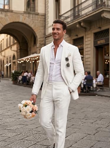 Image of Men's Linen Suit 2 Piece Slim Fit Summer Beach Wedding Prom Party | Breathable,Linen Blazer Suit Set,for Beach Weddings,Groom Wear,Prom and Outdoor Parties,Business Casual,Vacation Daily Wear