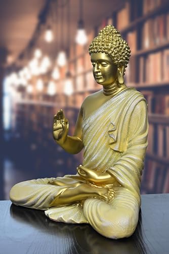 Image of Beautiful Sitting Buddha Idol Statue for Home & Garden Living Room | Healing Spirit Blessing Buddha Statue - 15 Inch Size (Golden + Cream)