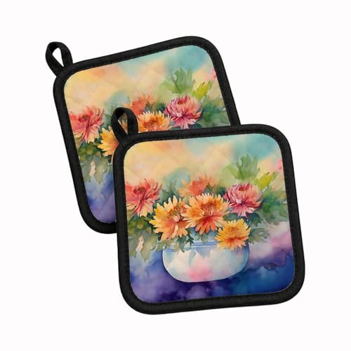 Caroline's Treasures Chrysanthemums in Watercolor Pair of Pot Holders Kitchen Heat Resistant Pot Holders Sets Oven Hot Pads for Cooking Baking BBQ, 7 1/2 x 7 1/2