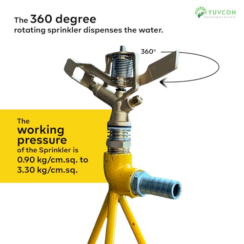 Image of YUVCON Sprinkler with Stand, 360 Degree Rotating Brass Sprinkler with 3 /4 inch Nipple for Pipe Attachment, Iron Metal Circular Base Stand, High Impact Water Sprinkler for Gardening & Agriculture