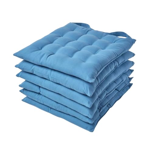 HOMESCAPES Air Force Blue Seat Pads for Dining Chair, Set of 6 100% Cotton Chair Pads with Straps, 40x40 cm