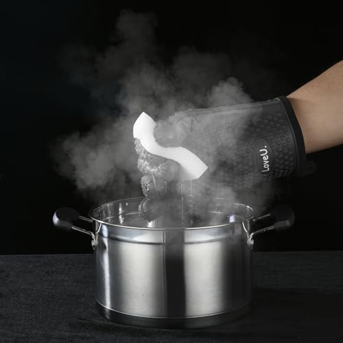 Image of Kitchen Oven Gloves - Dual-Layer Heat Resistant Grilling Gloves, Silicone Oven Mitts with 5 Fingers, Waterproof Non-Slip Pot Holder for Barbecue, Cooking, Baking (Black)