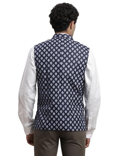 Image of Turtle Men Poly Cotton Blue Printed Party Nehru Jacket