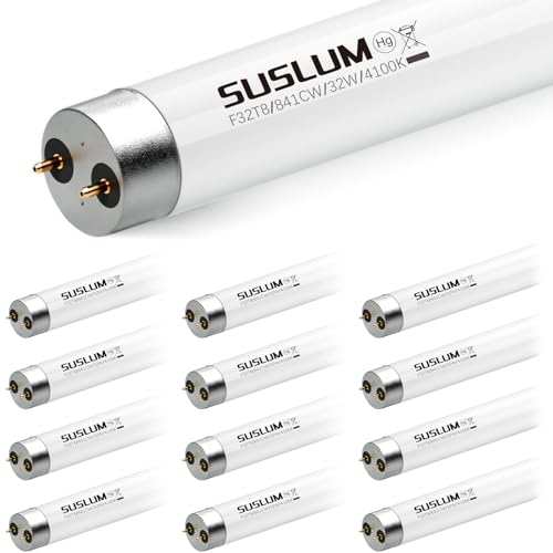 SUSLUM 12 Pack F32T8/841 32W T8 Fluorescent Tube Light Bulb 48-Inch G13 Base 4100K Cool White 3000 Lumens Shatter-Safe Cylinder Packaging for Garage & Office