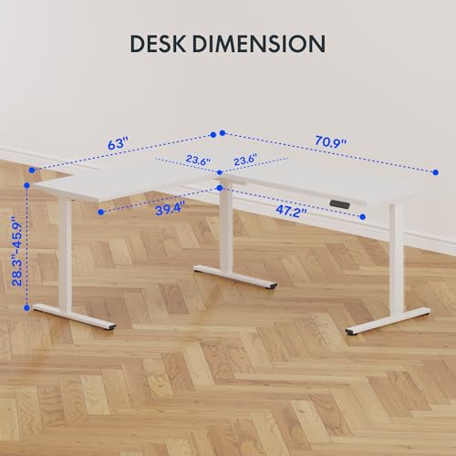 Image of FLEXISPOT L Shaped Standing Desk, 71 x 63 Inch Electric Height Adjustable Corner Desk, Sit Stand Computer Workstation, Preset Controller, Home Office, White Frame with White Top