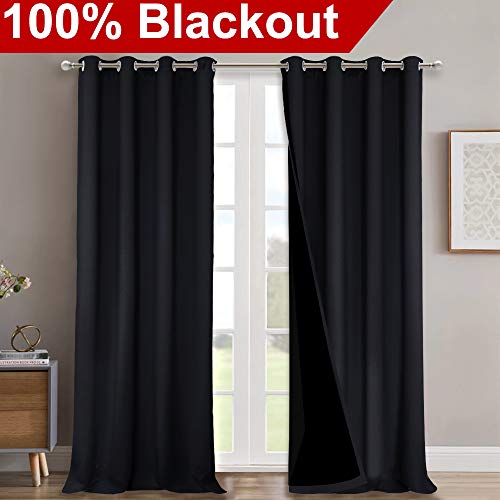 Image of NICETOWN Cold Blocking 100% Blackout Curtains, Durable Black Lined Blackout Curtains for Bedroom, Energy Saving Long Curtains for Patio Sliding Glass Door, Black, 52 inches x 95 inches, 2 Panels