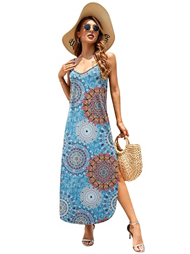Image of HUSKARY Women's Summer Casual Sleeveless V Neck Strappy Split Loose Dress Beach Cover Up Long Cami Maxi Dresses with Pocket