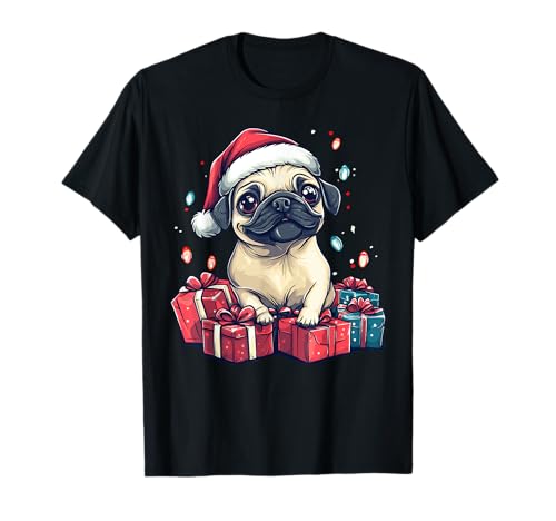 Paws & Holidays Apparel Cute Pug Santa Hat Funny Christmas Xmas Dog Lover Unisex Adults T-Shirt Black Size S