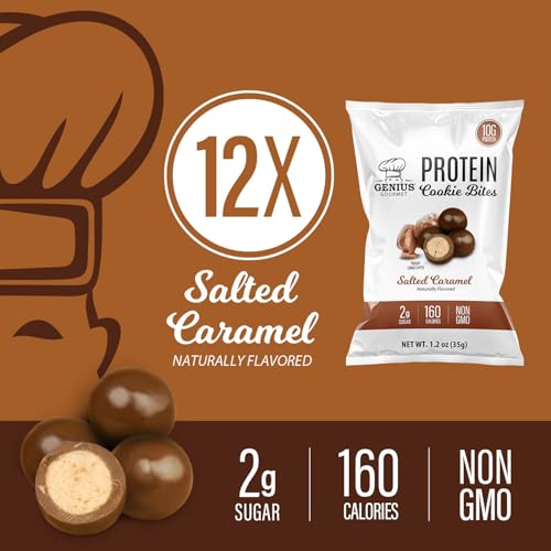 Genius Gourmet Protein Cookie Bites Salted Caramel - 10g Protein, No Added Sugar, Low Carb, Non-GMO - Sweet Protein Desserts & Protein Snacks for Adults and Kids - 12 Bags