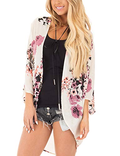 Omoone Women s Short Batwing Sleeve Floral Chiffon Cardigan Kimono Beachwear(0321-Light Pink-XL)