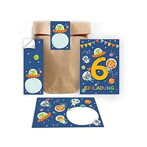 Lot de 12 cartes d’invitation pour 6ème anniversaire d’enfant – 12 enveloppes – 12 sachets – Naturel