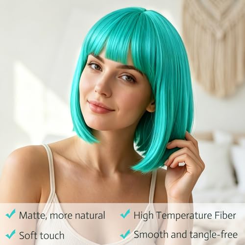 Image of MEEZY Lake Blue Bob Wig with Bangs Heart Sunglasses for Women, Neon Colored Bob Hair Funny Party Wig Synthetic Crazy Hair for Woman Man Halloween Costume Cosplay Bachelorette Party Supplies