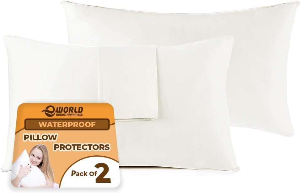 e world unbox happiness Pack of 2 Water Proof Pillow Protectors with Zipper - Standard 50x70CM Smooth Premium Encasement Covers 100% Cotton - Liquid Protection