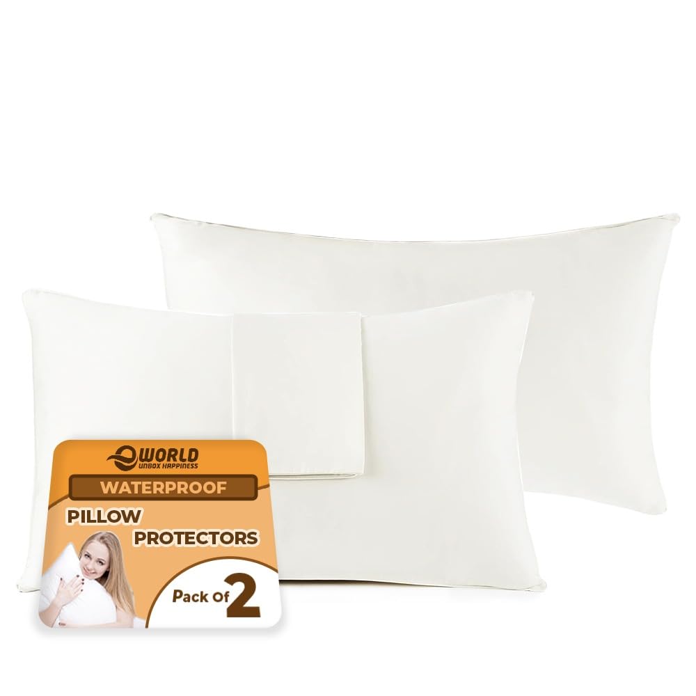 e world unbox happiness Pack of 2 Water Proof Pillow Protectors with Zipper - Standard 50x70CM Smooth Premium Encasement Covers 100% Cotton - Liquid Protection