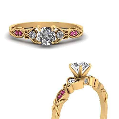 Image of Choose Your Gemstone Victorian Style Round Engagement Ring Yellow Gold Plated Round Shape Vintage Engagement Rings Matching Jewelry Wedding Jewelry Easy to Wear Gifts US Size 4 to 12