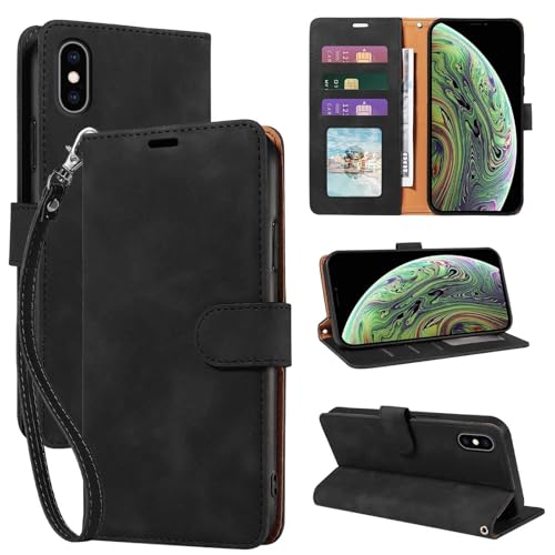 JHWVVTF for iPhone X Case Wallet, for iPhone Xs Case, [RFID Blocking 3 Card Slots] Soft PU Leather Phone Cover, Wrist Strap, Shockproof Protective, Stand Flip Cover (Black)