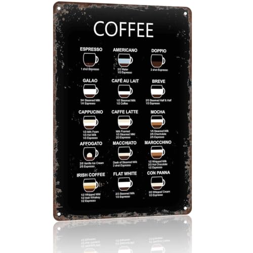 Coffee Guide Chart Metal Sign 8x12 Inch for Kitchen Wall Decor